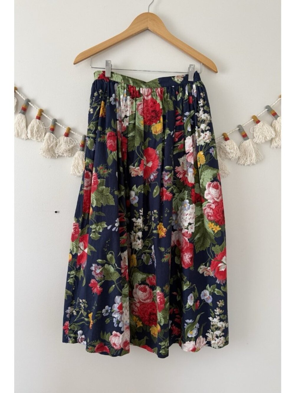 VTG Ralph Lauren 80s Isadora Navy Floral Pleat Midi Skirt Cottagecore Prairie